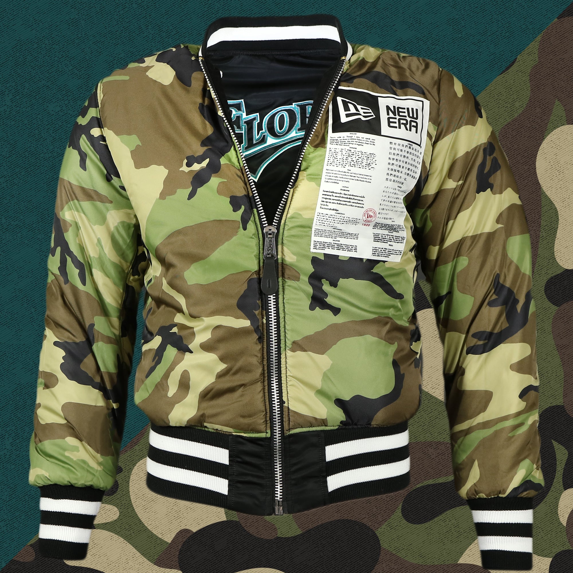 Florida Marlins MLB Patch Alpha Industries Reversible Bomber Jacket With Camo Liner | Black Bomber Jacket