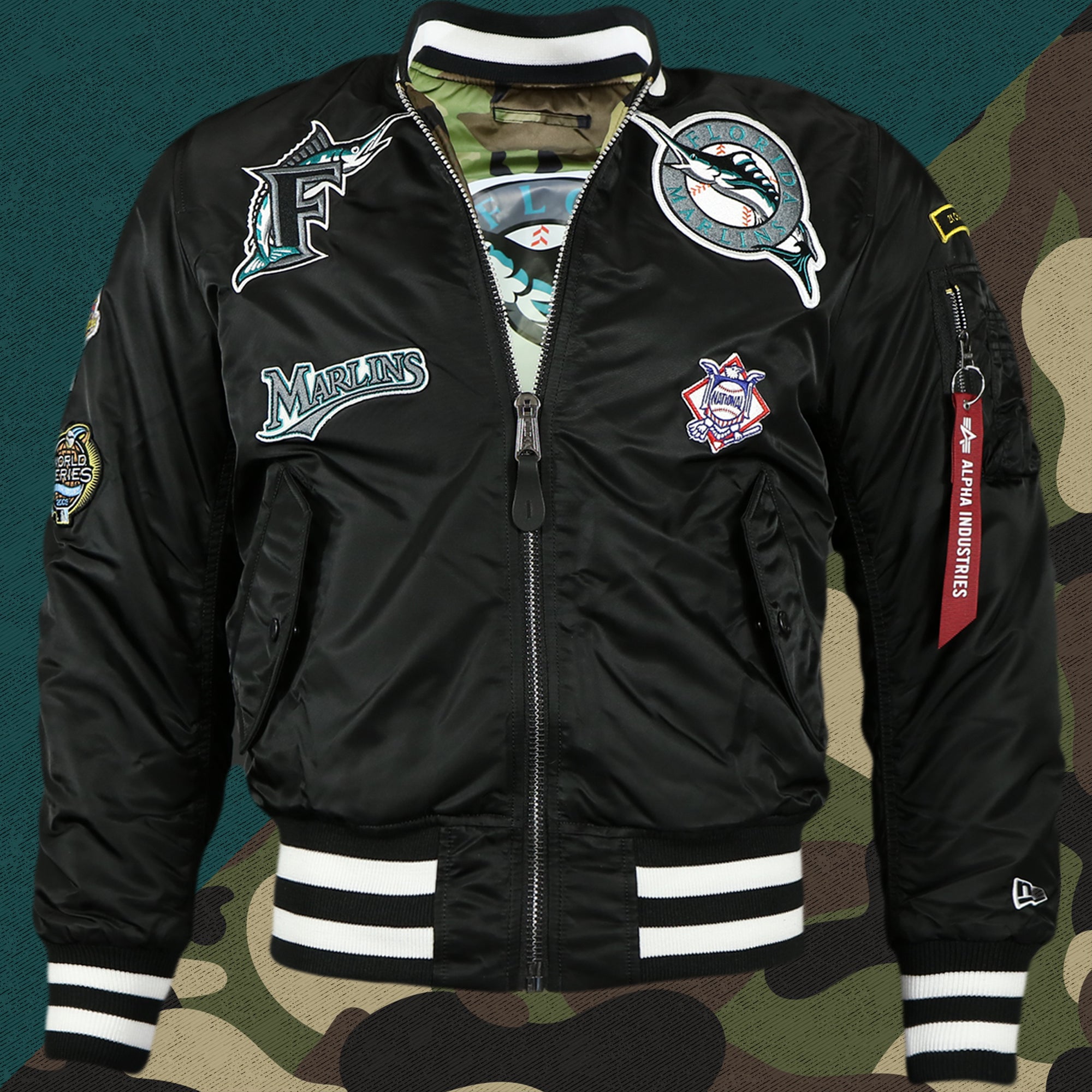 Florida Marlins MLB Patch Alpha Industries Reversible Bomber Jacket With Camo Liner | Black Bomber Jacket