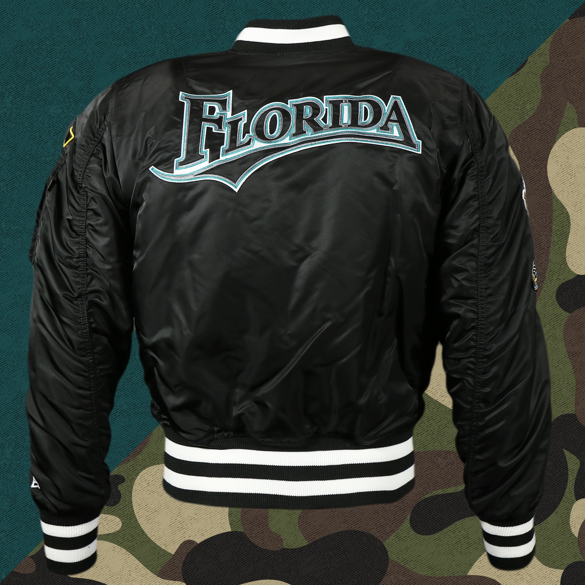 Florida Marlins MLB Patch Alpha Industries Reversible Bomber Jacket With Camo Liner | Black Bomber Jacket