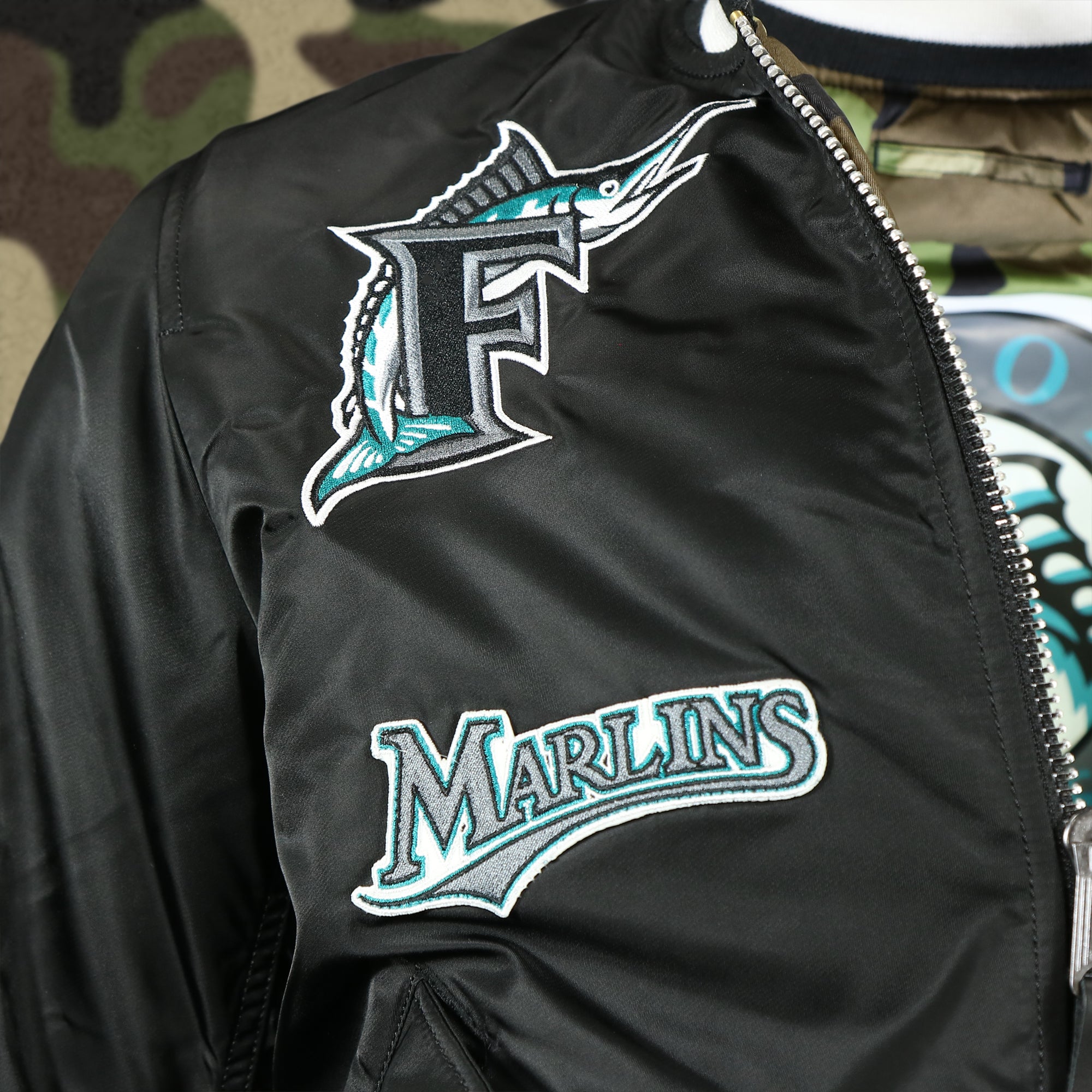 Florida Marlins MLB Patch Alpha Industries Reversible Bomber Jacket With Camo Liner | Black Bomber Jacket