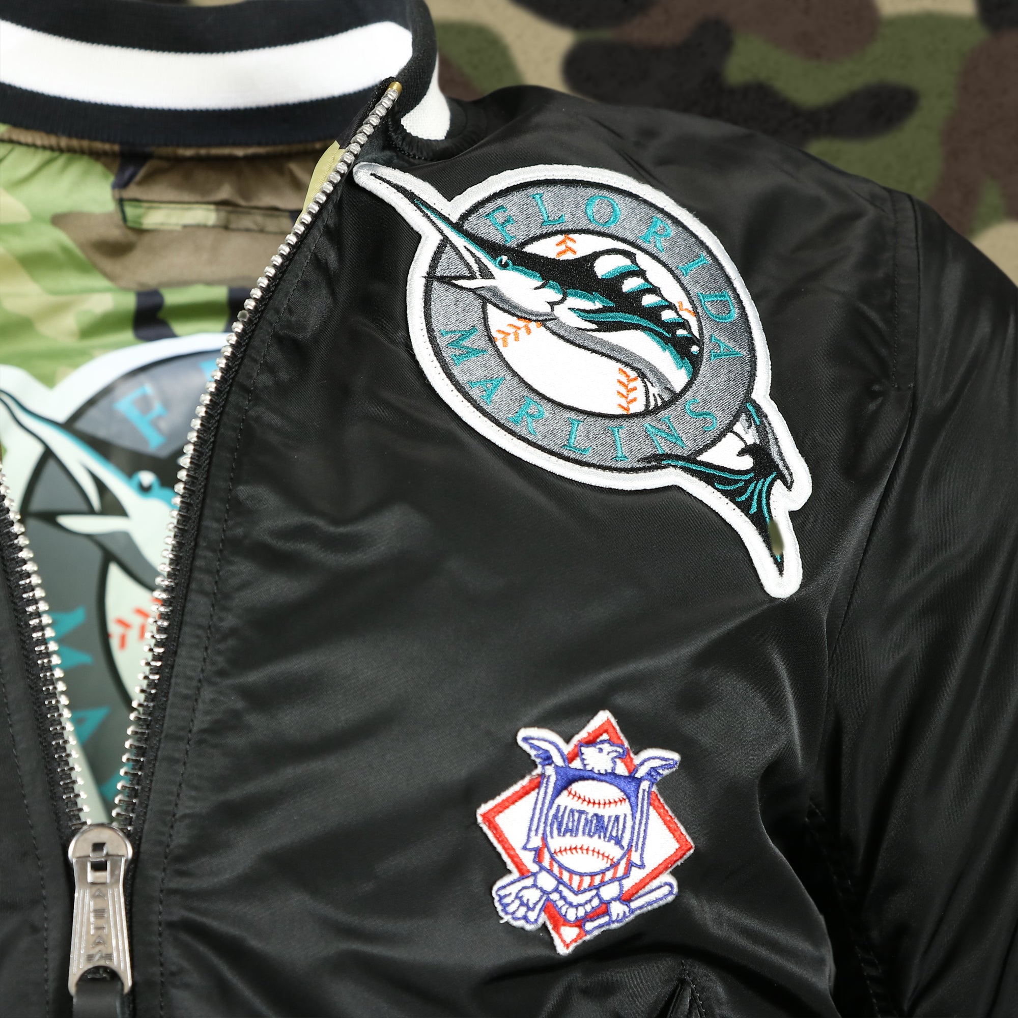 Florida Marlins MLB Patch Alpha Industries Reversible Bomber Jacket With Camo Liner | Black Bomber Jacket