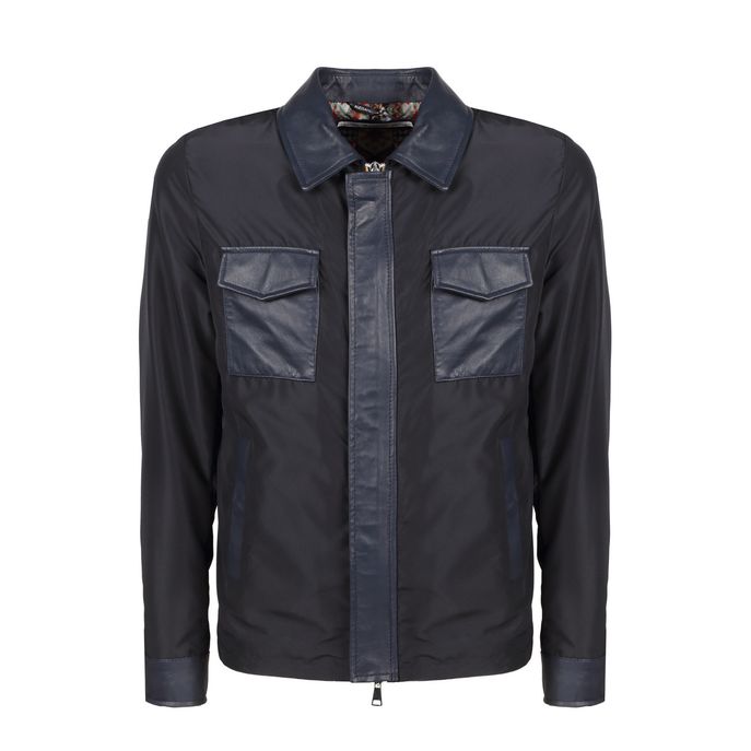 FULLZIP NYLON JACKET WITH LEATHER DETAILS Man Navy