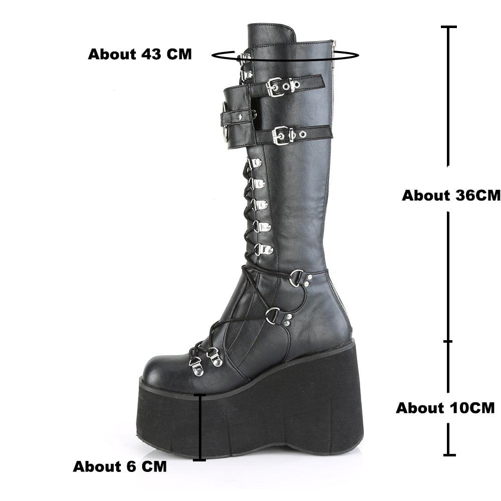 Gothic Platform Wedge Boots for Women - Knee High Black Lace-up Fashion by Bonjomarisa