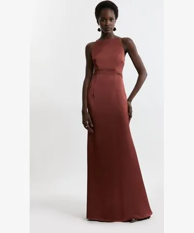 Karen Millen Tall Satin Back Crepe Strappy Column Woven Maxi Dress