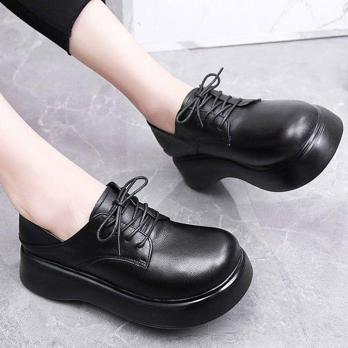 Leather Lace-up Loafers Platform Women's Casual Shoes EK316