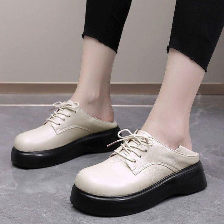 Leather Lace-up Loafers Platform Women's Casual Shoes EK316