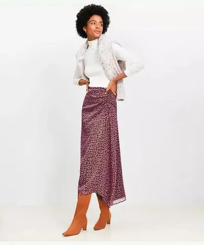 Loft Petite Shimmer Floral Ruched Midi Skirt