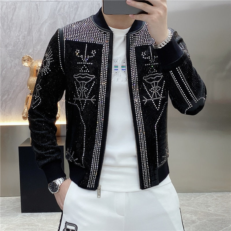 Luxury Polyester Rib Sleeve Diamond Rhinestones Bomber Jacket for Men