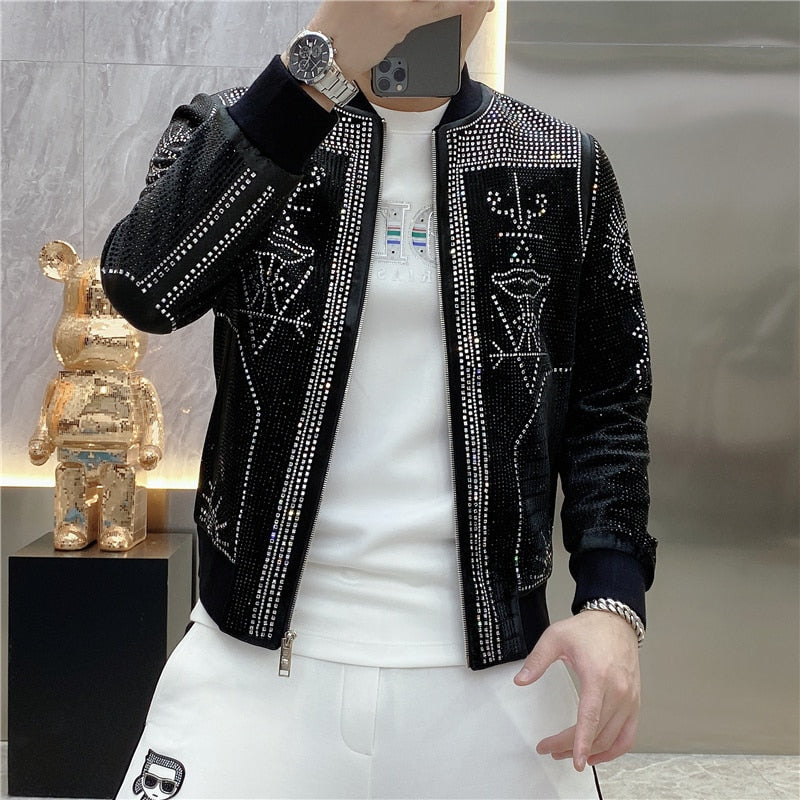 Luxury Polyester Rib Sleeve Diamond Rhinestones Bomber Jacket for Men