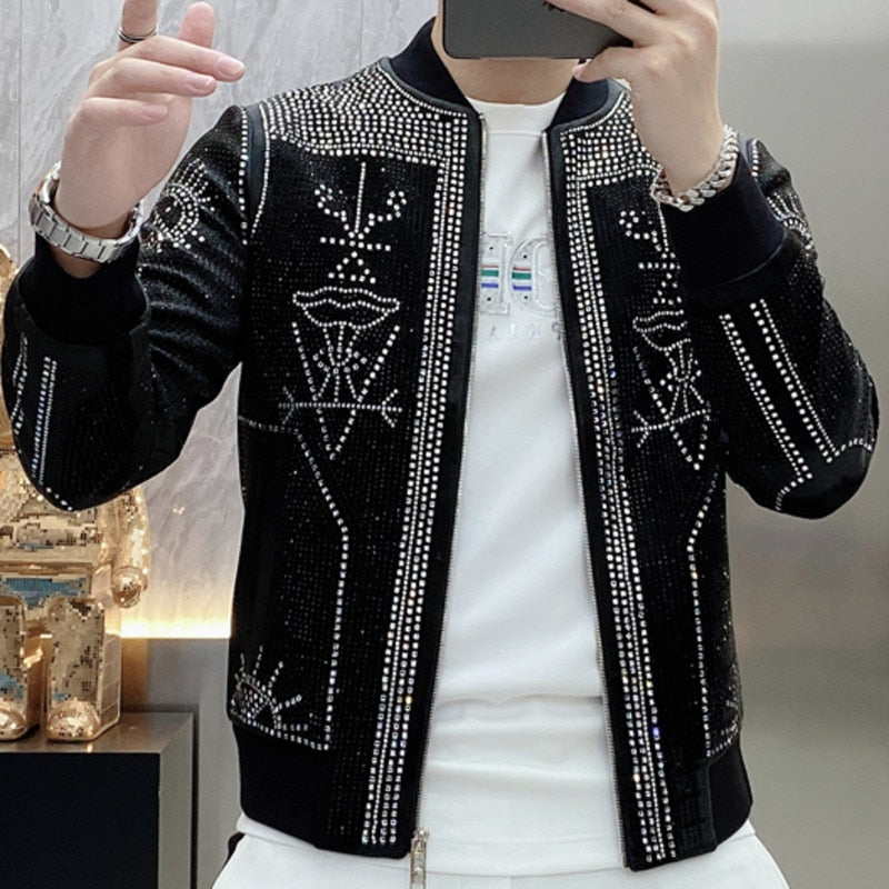 Luxury Polyester Rib Sleeve Diamond Rhinestones Bomber Jacket for Men