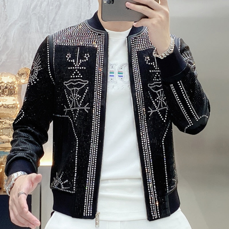 Luxury Polyester Rib Sleeve Diamond Rhinestones Bomber Jacket for Men