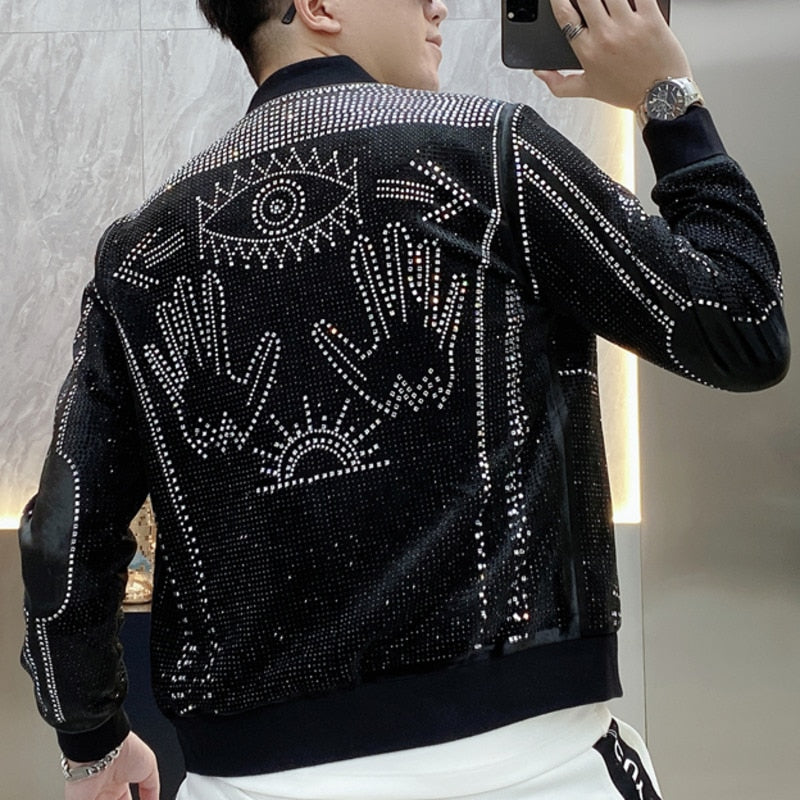 Luxury Polyester Rib Sleeve Diamond Rhinestones Bomber Jacket for Men