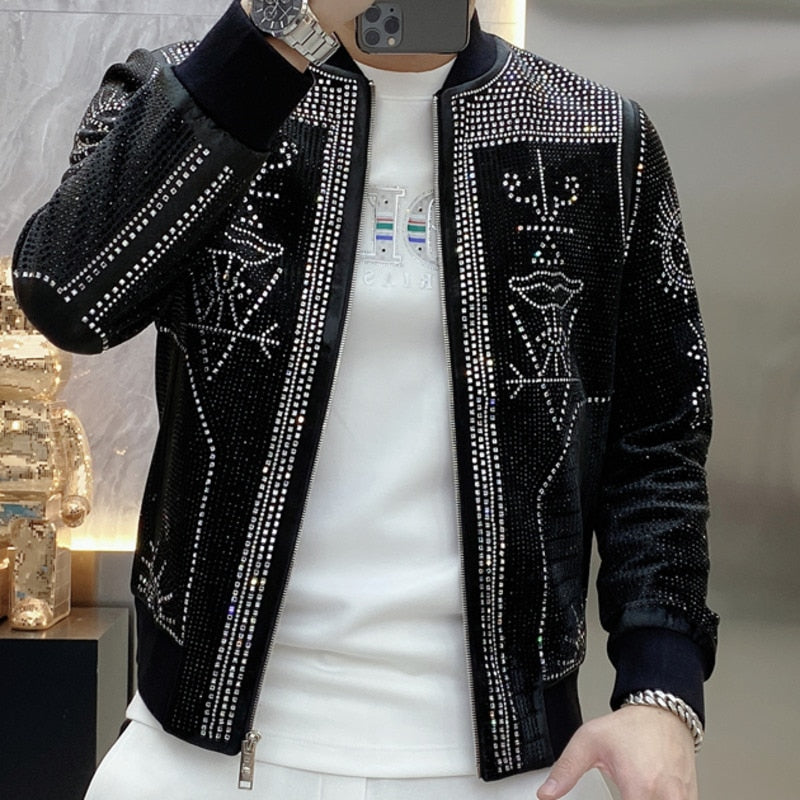 Luxury Polyester Rib Sleeve Diamond Rhinestones Bomber Jacket for Men