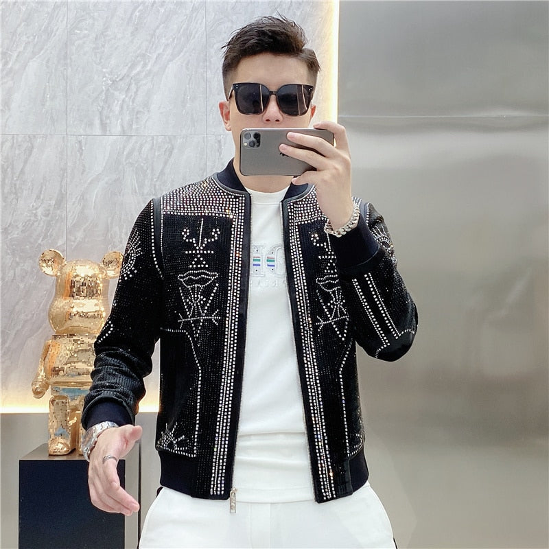 Luxury Polyester Rib Sleeve Diamond Rhinestones Bomber Jacket for Men