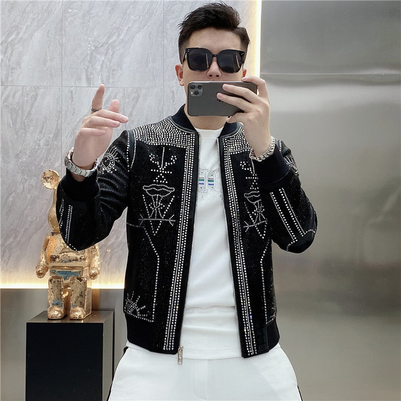 Luxury Polyester Rib Sleeve Diamond Rhinestones Bomber Jacket for Men