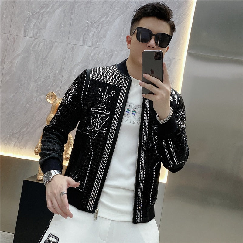 Luxury Polyester Rib Sleeve Diamond Rhinestones Bomber Jacket for Men