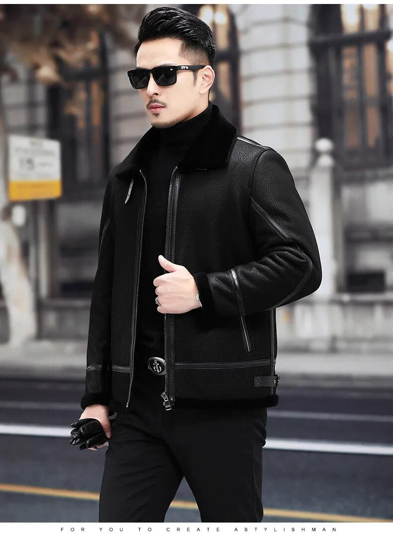 Men's Natural Fur Genuine Leather Flying Motorcycle Street Jacket