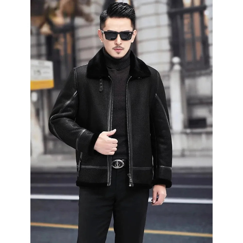 Men's Natural Fur Genuine Leather Flying Motorcycle Street Jacket