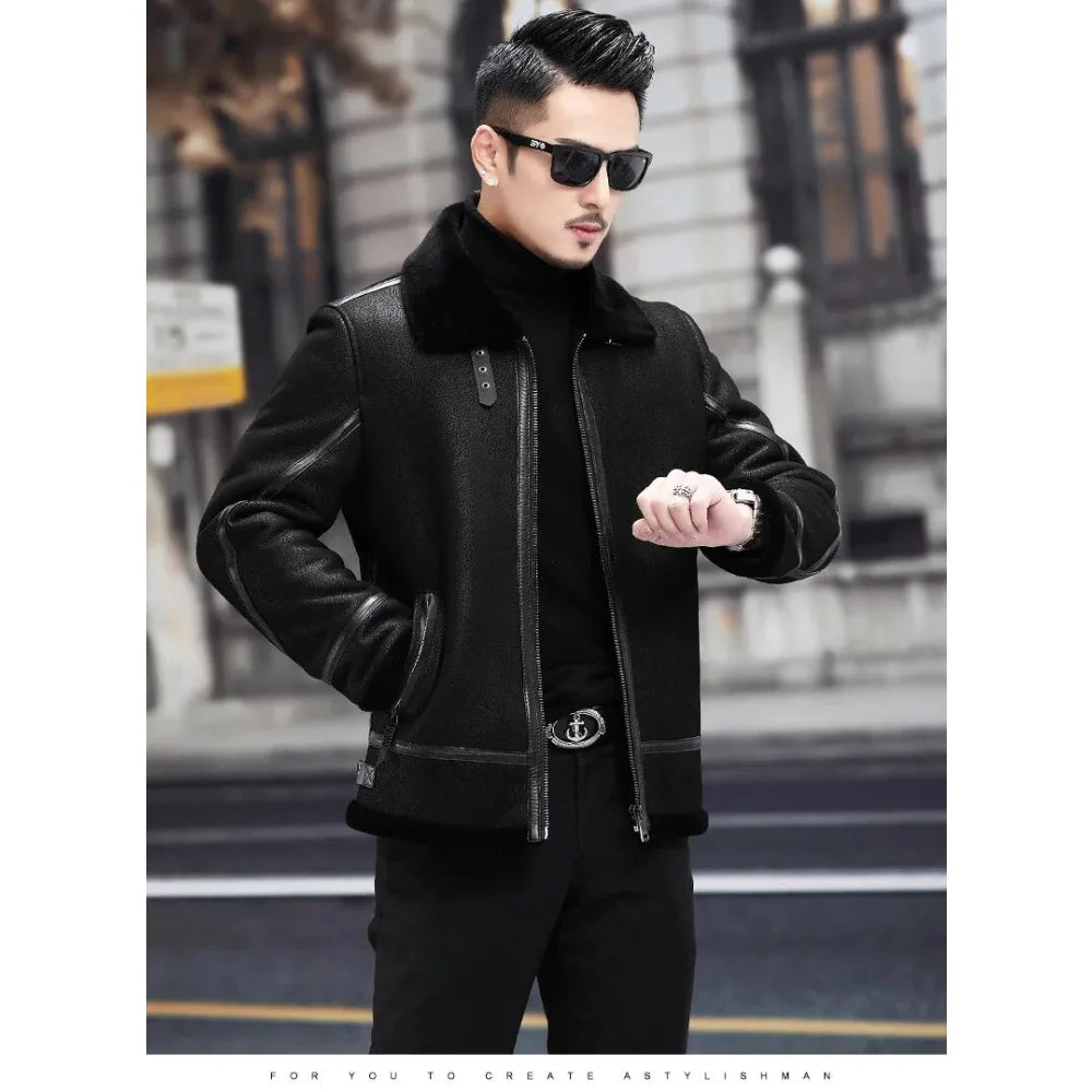 Men's Natural Fur Genuine Leather Flying Motorcycle Street Jacket