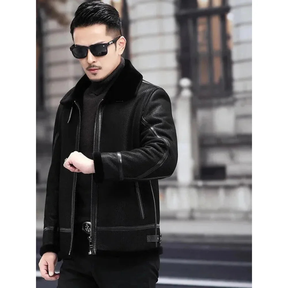 Men's Natural Fur Genuine Leather Flying Motorcycle Street Jacket