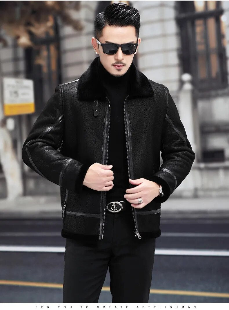 Men's Natural Fur Genuine Leather Flying Motorcycle Street Jacket