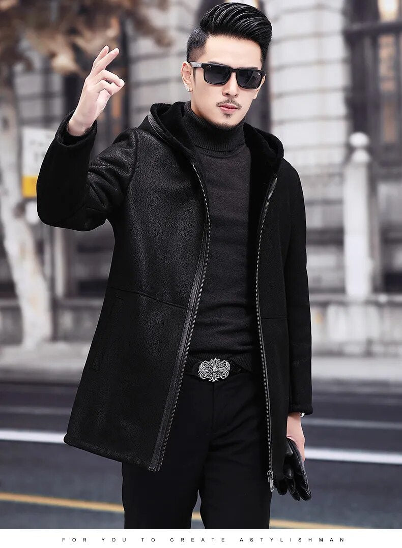 Men's Natural Fur Genuine Leather Medium Long Hooded Winter Coat