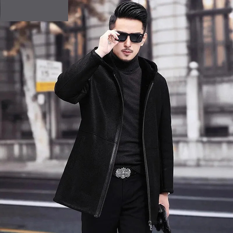 Men's Natural Fur Genuine Leather Medium Long Hooded Winter Coat