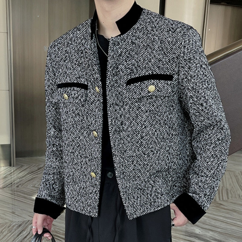 Men's Polyester Vintage Korean Plaid Patchwork Streetwear Blazer