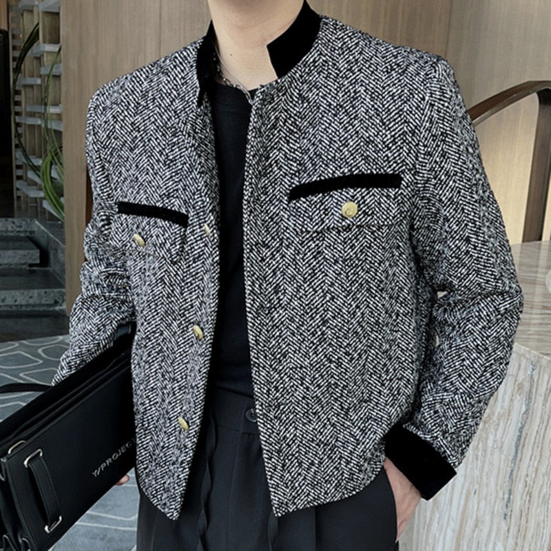 Men's Polyester Vintage Korean Plaid Patchwork Streetwear Blazer