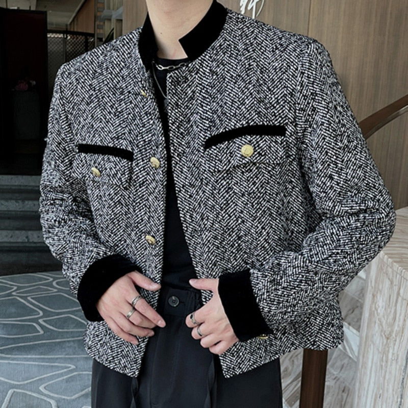 Men's Polyester Vintage Korean Plaid Patchwork Streetwear Blazer