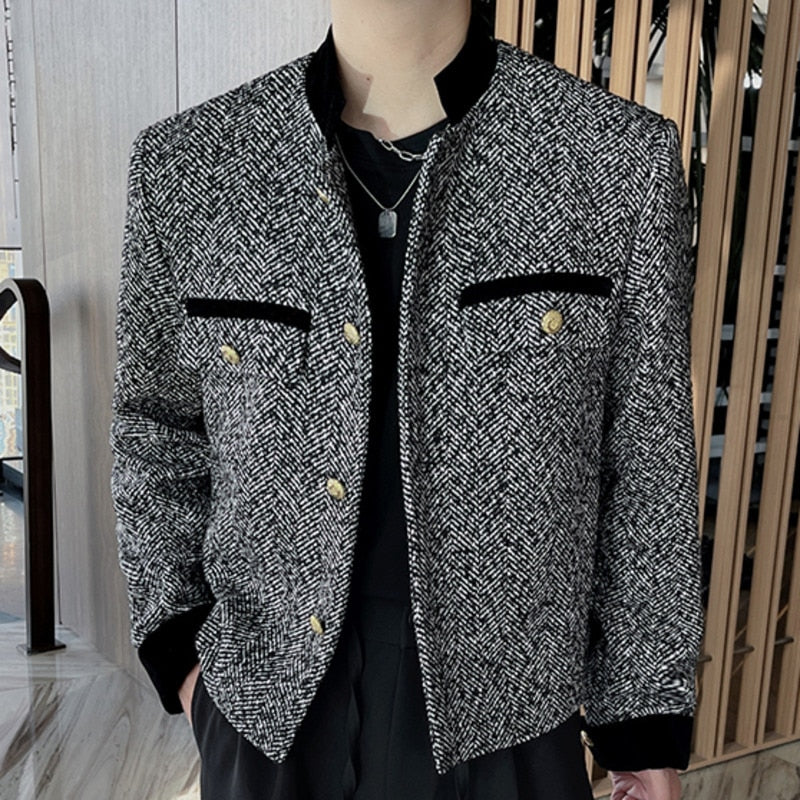 Men's Polyester Vintage Korean Plaid Patchwork Streetwear Blazer