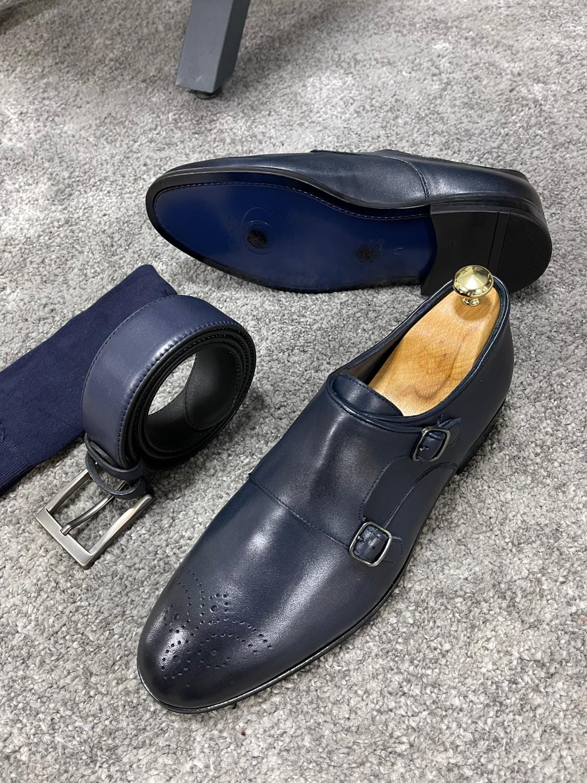 Navy Blue Double Buckled Leather Shoes