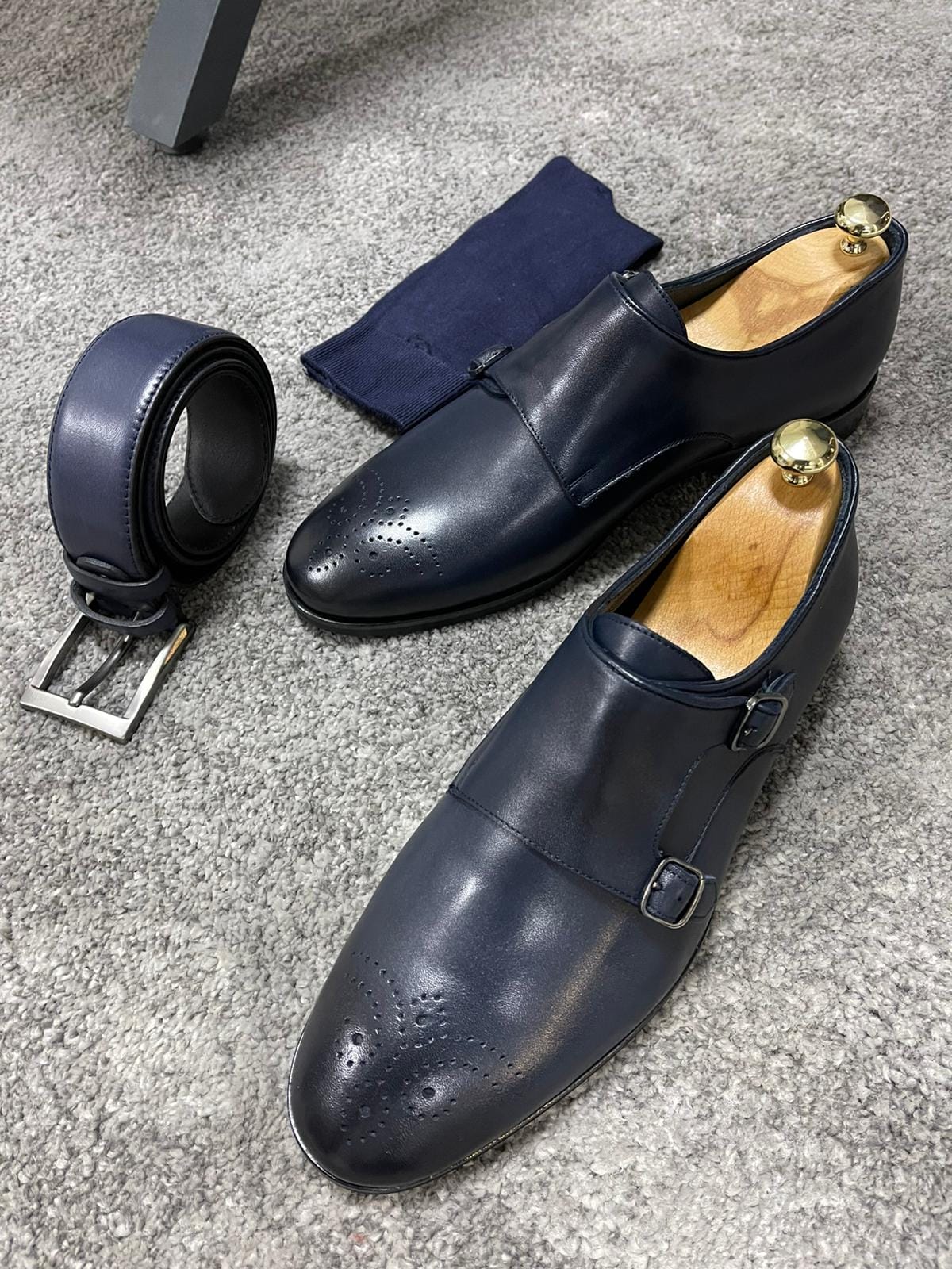 Navy Blue Double Buckled Leather Shoes