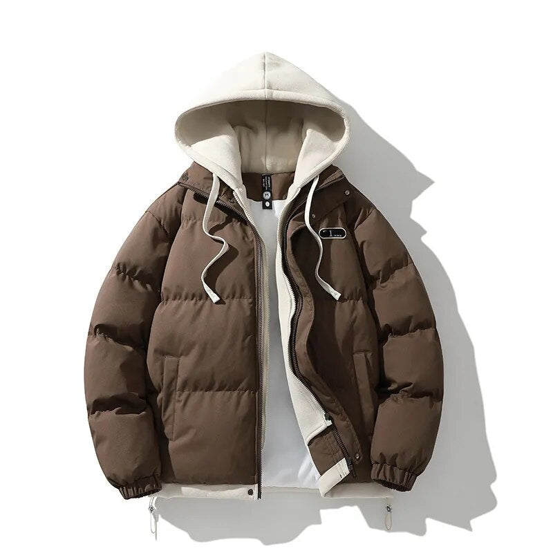 New Arrival Casual Fashion Mens Winter Trendy Fake Two-piece Hooded Bread Suit Couple Cotton-padded Jackets And Coats