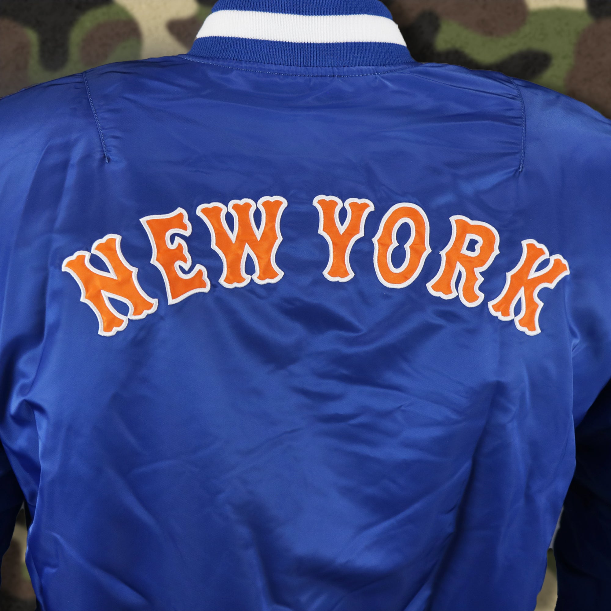 New York Mets MLB Patch Alpha Industries Reversible Bomber Jacket With Camo Liner | Royal Blue Bomber Jacket