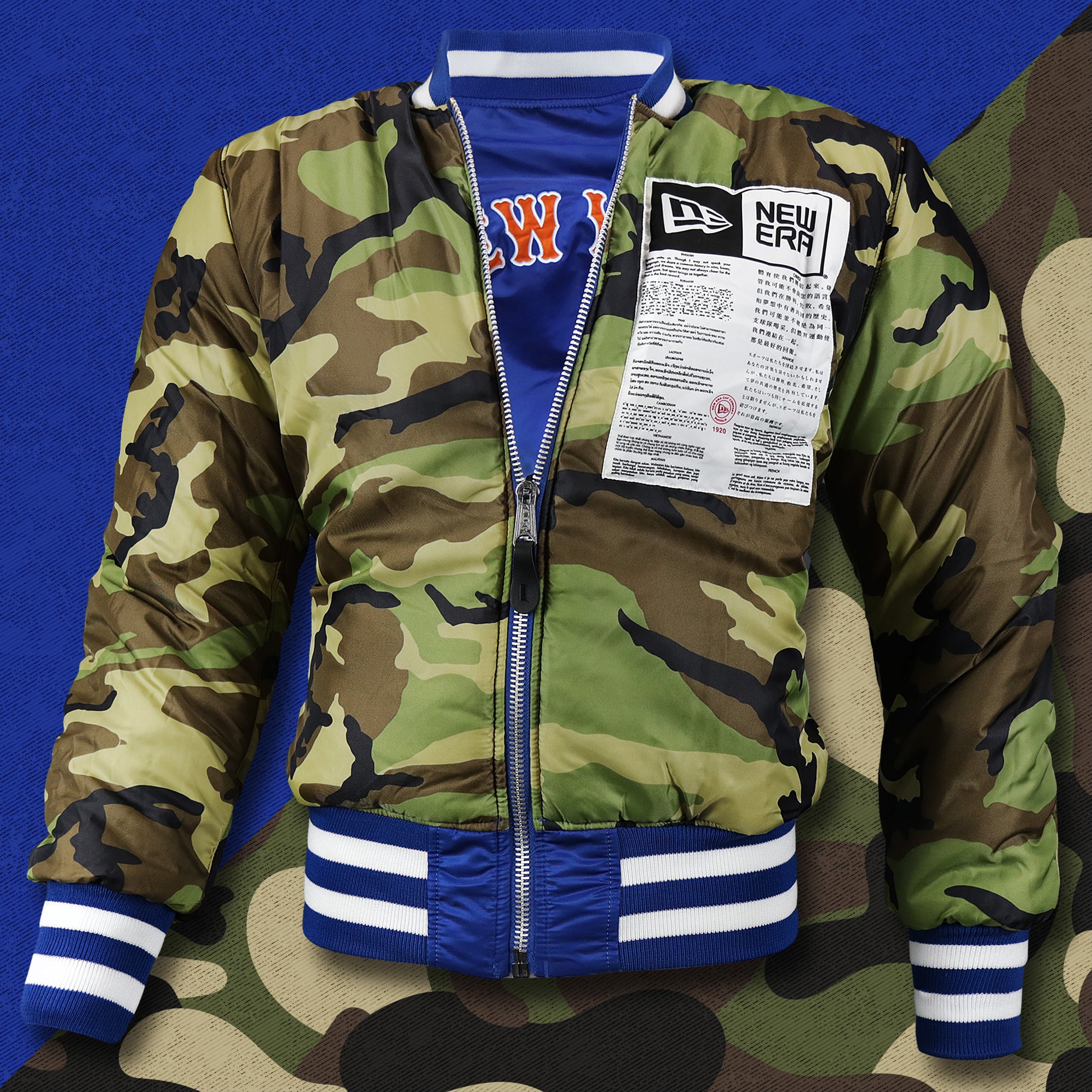 New York Mets MLB Patch Alpha Industries Reversible Bomber Jacket With Camo Liner | Royal Blue Bomber Jacket