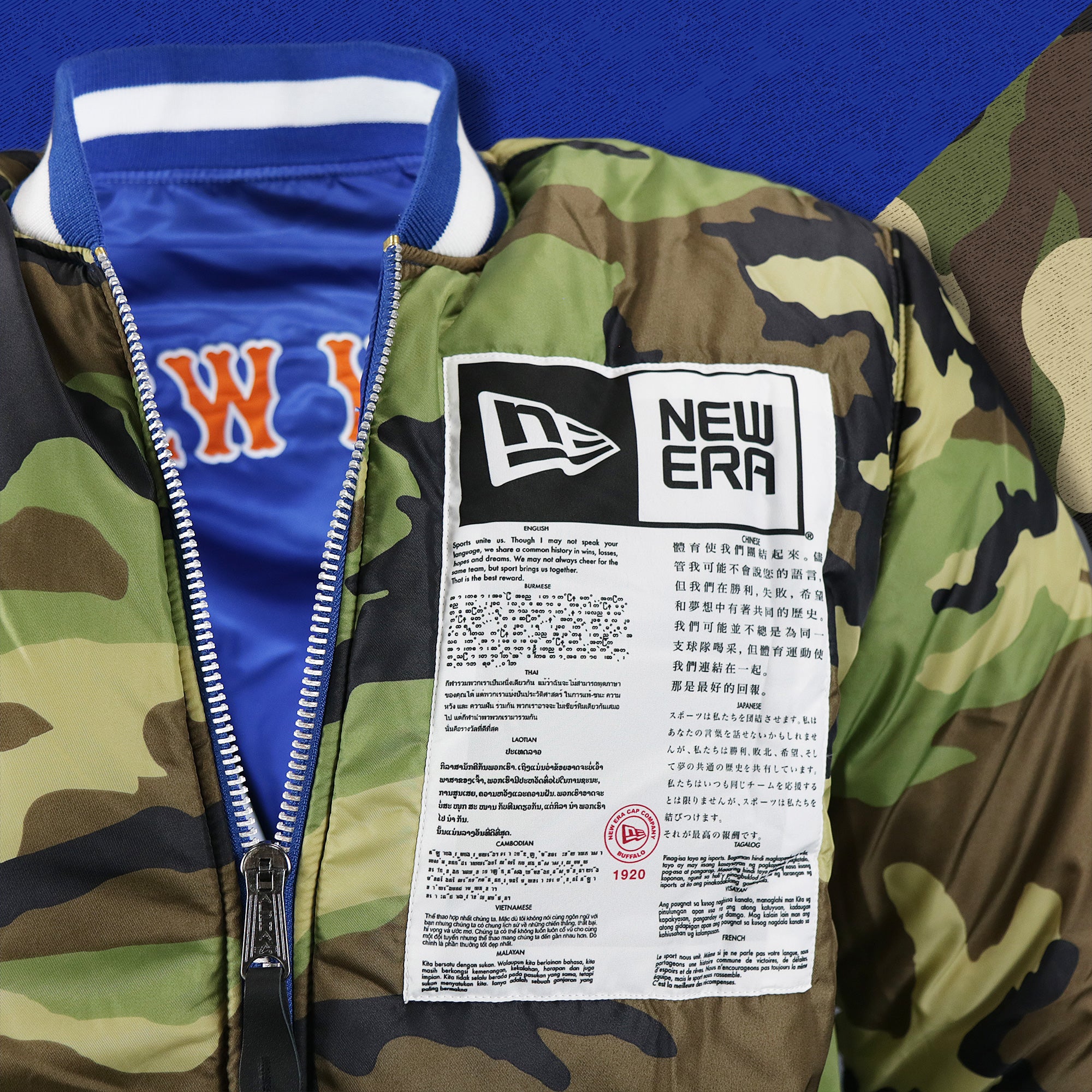 New York Mets MLB Patch Alpha Industries Reversible Bomber Jacket With Camo Liner | Royal Blue Bomber Jacket