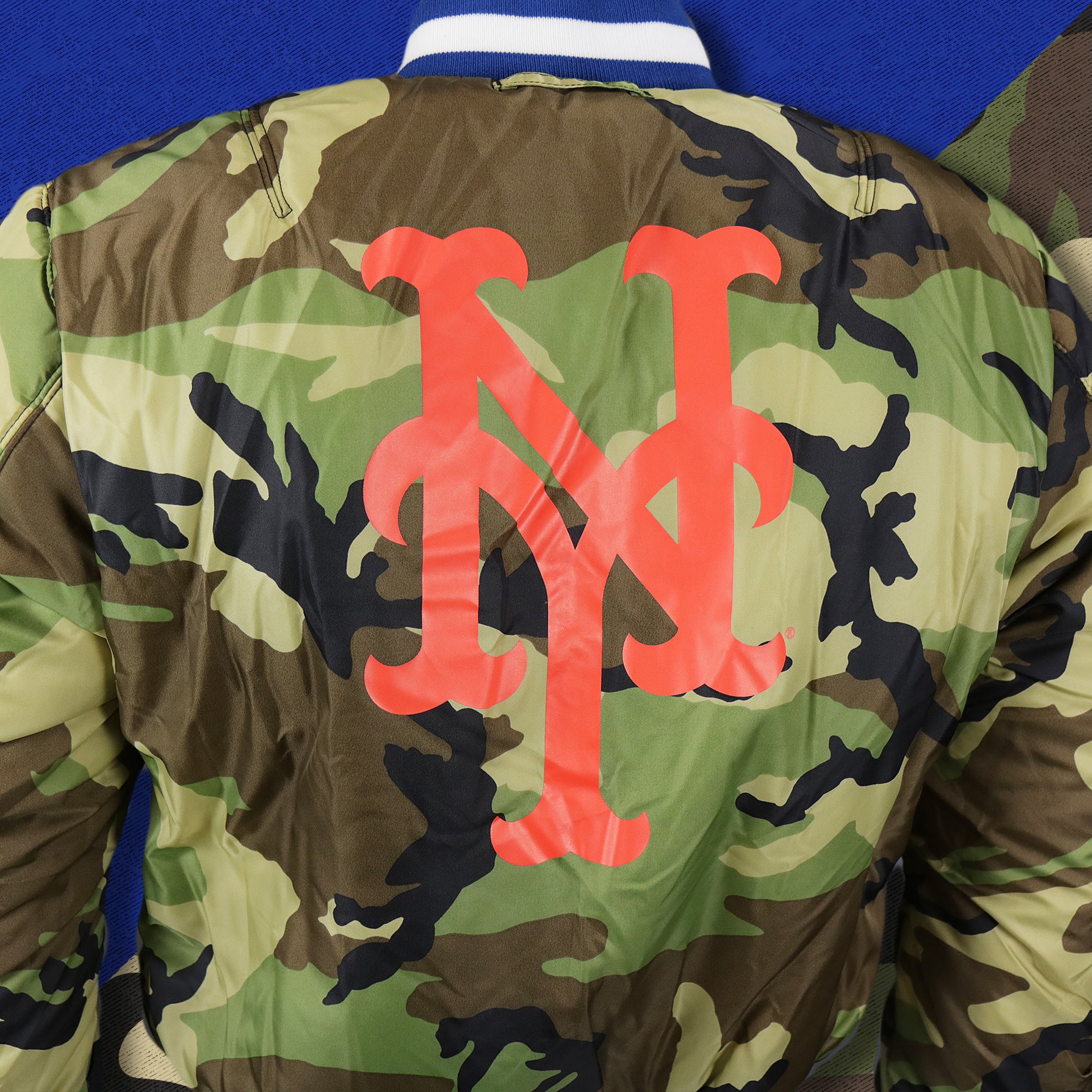 New York Mets MLB Patch Alpha Industries Reversible Bomber Jacket With Camo Liner | Royal Blue Bomber Jacket