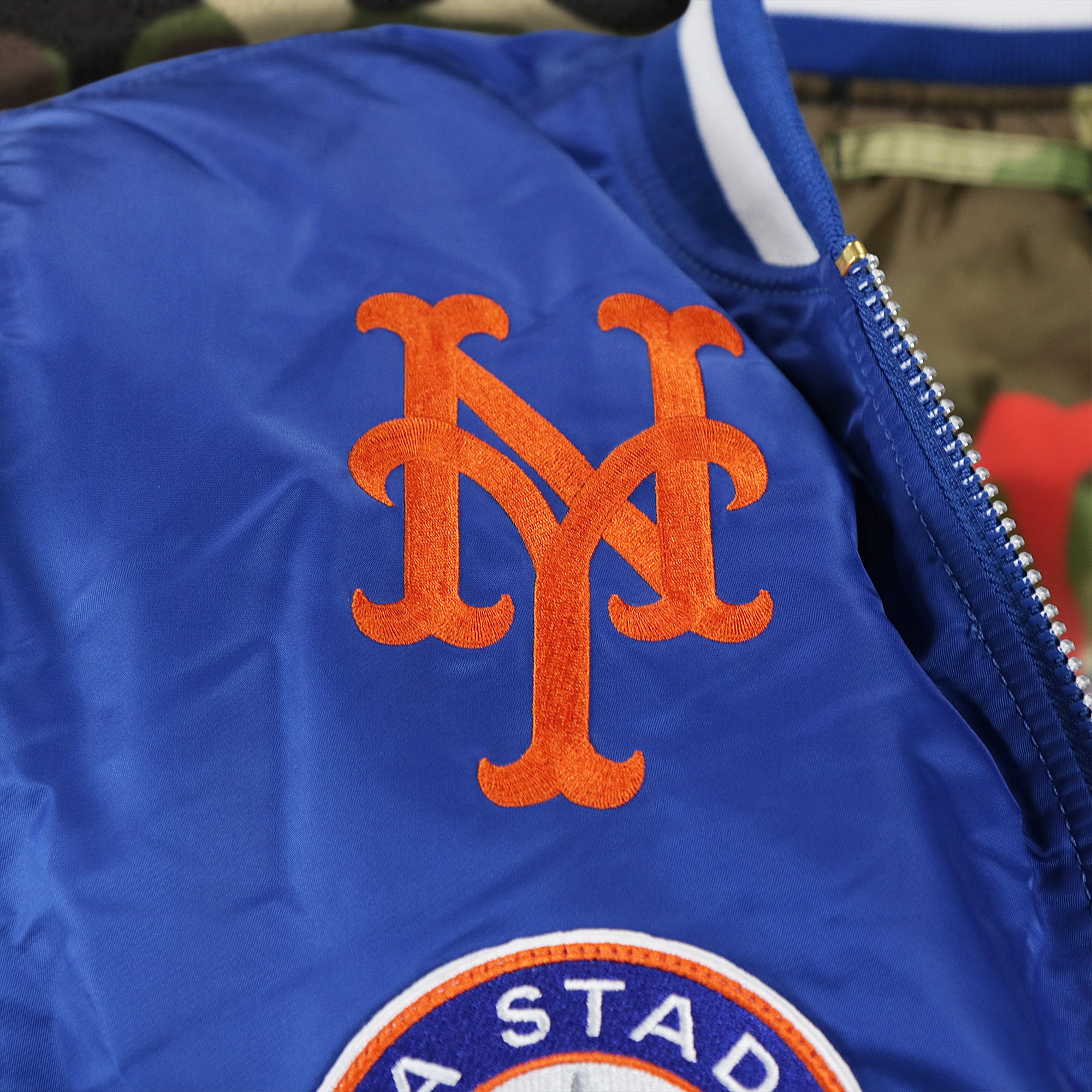 New York Mets MLB Patch Alpha Industries Reversible Bomber Jacket With Camo Liner | Royal Blue Bomber Jacket