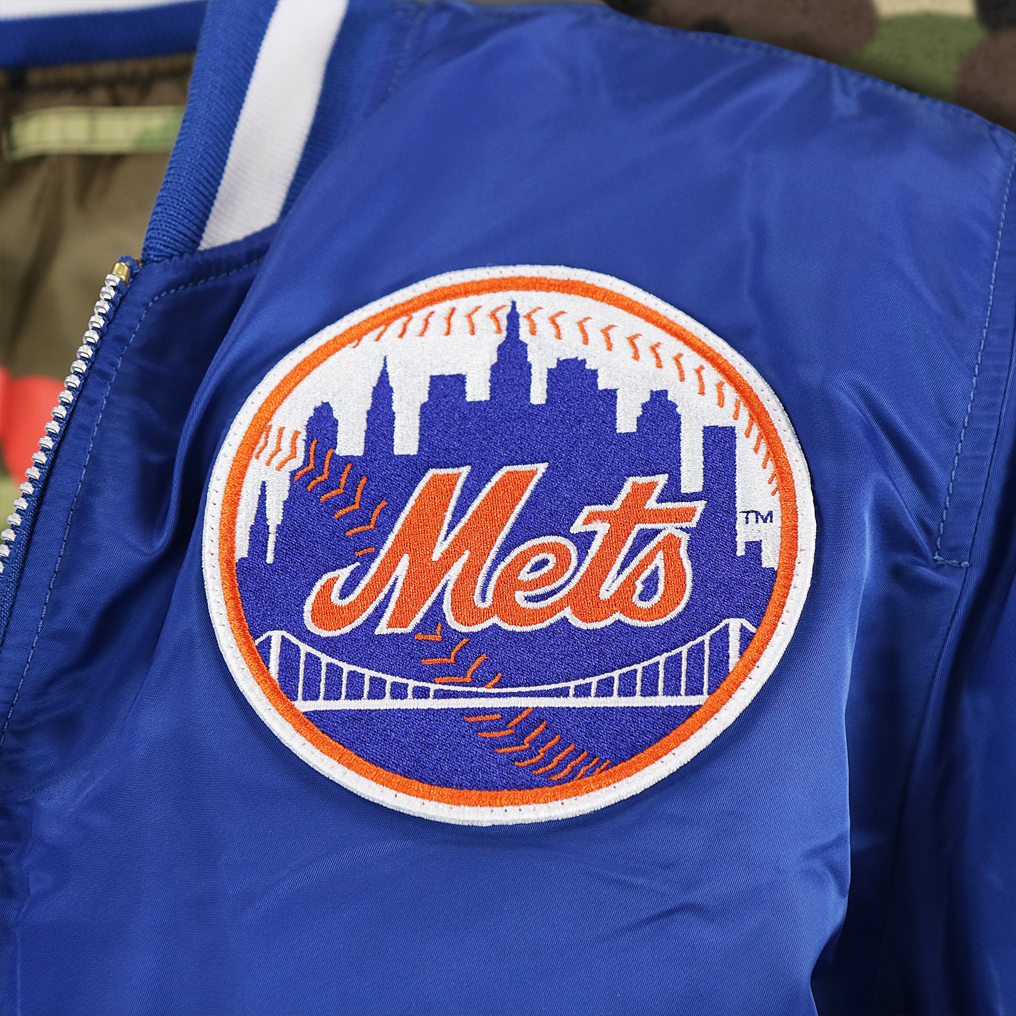 New York Mets MLB Patch Alpha Industries Reversible Bomber Jacket With Camo Liner | Royal Blue Bomber Jacket