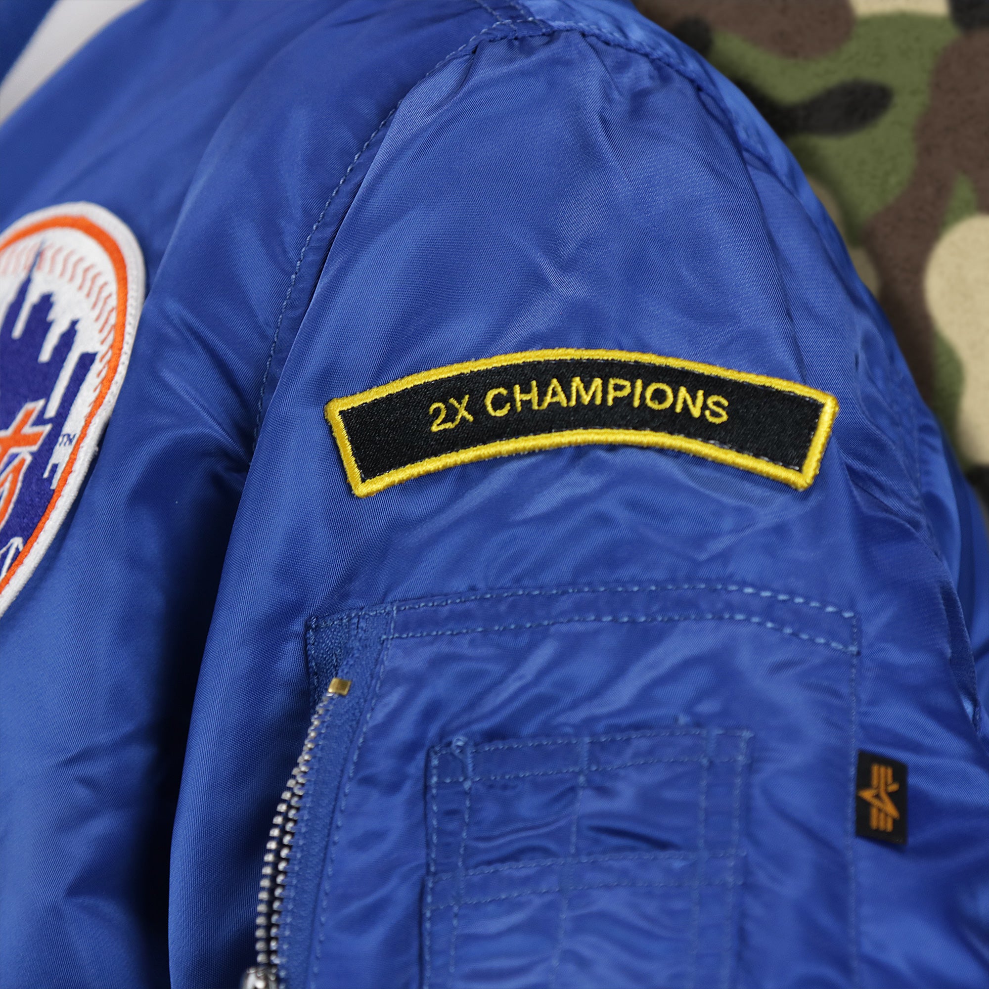 New York Mets MLB Patch Alpha Industries Reversible Bomber Jacket With Camo Liner | Royal Blue Bomber Jacket