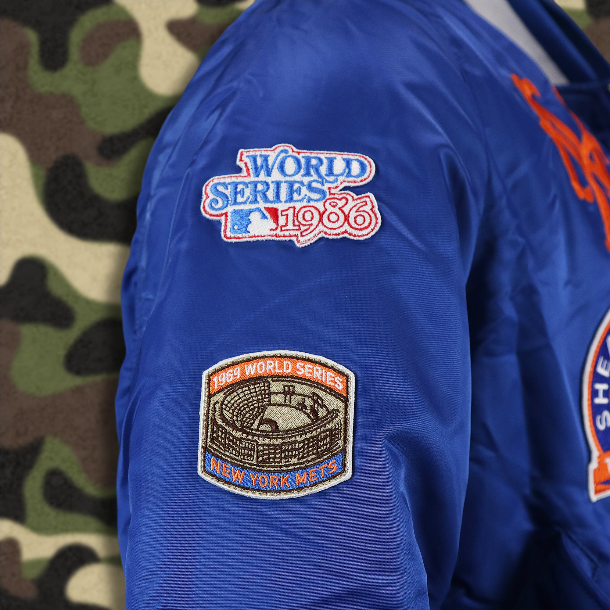 New York Mets MLB Patch Alpha Industries Reversible Bomber Jacket With Camo Liner | Royal Blue Bomber Jacket