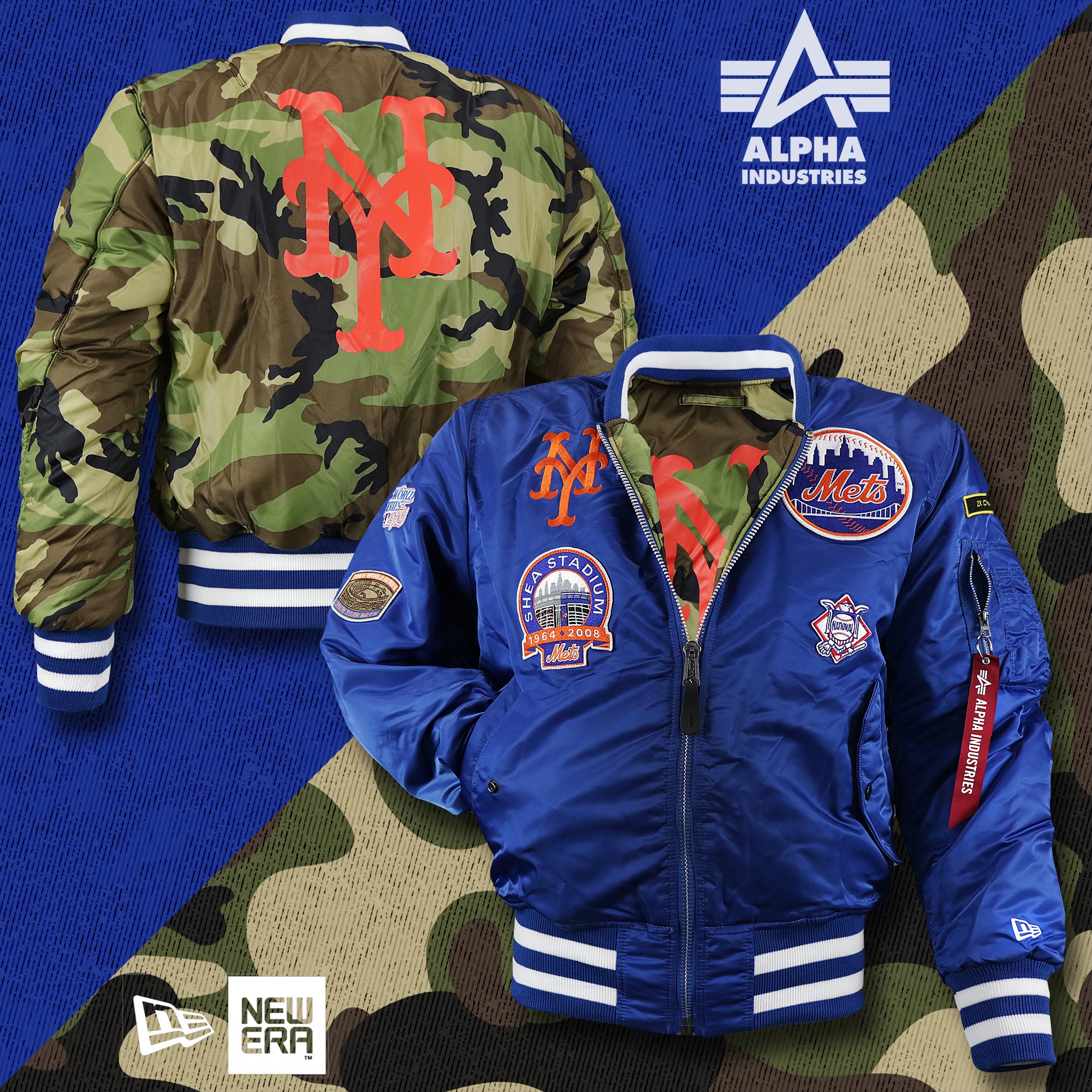 New York Mets MLB Patch Alpha Industries Reversible Bomber Jacket With Camo Liner | Royal Blue Bomber Jacket