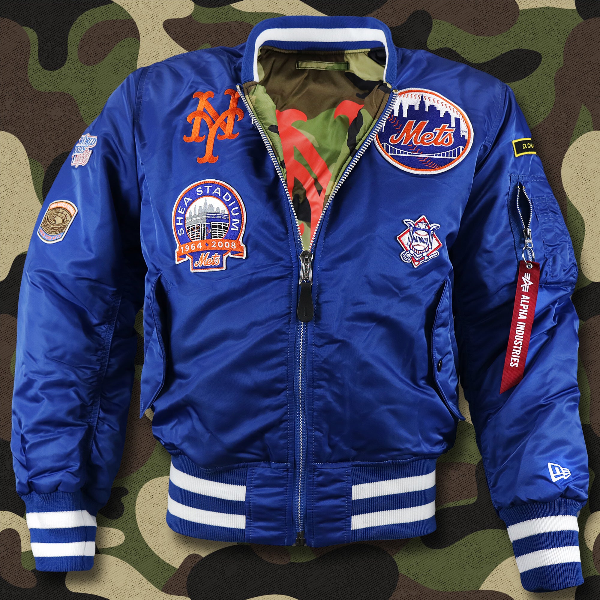 New York Mets MLB Patch Alpha Industries Reversible Bomber Jacket With Camo Liner | Royal Blue Bomber Jacket