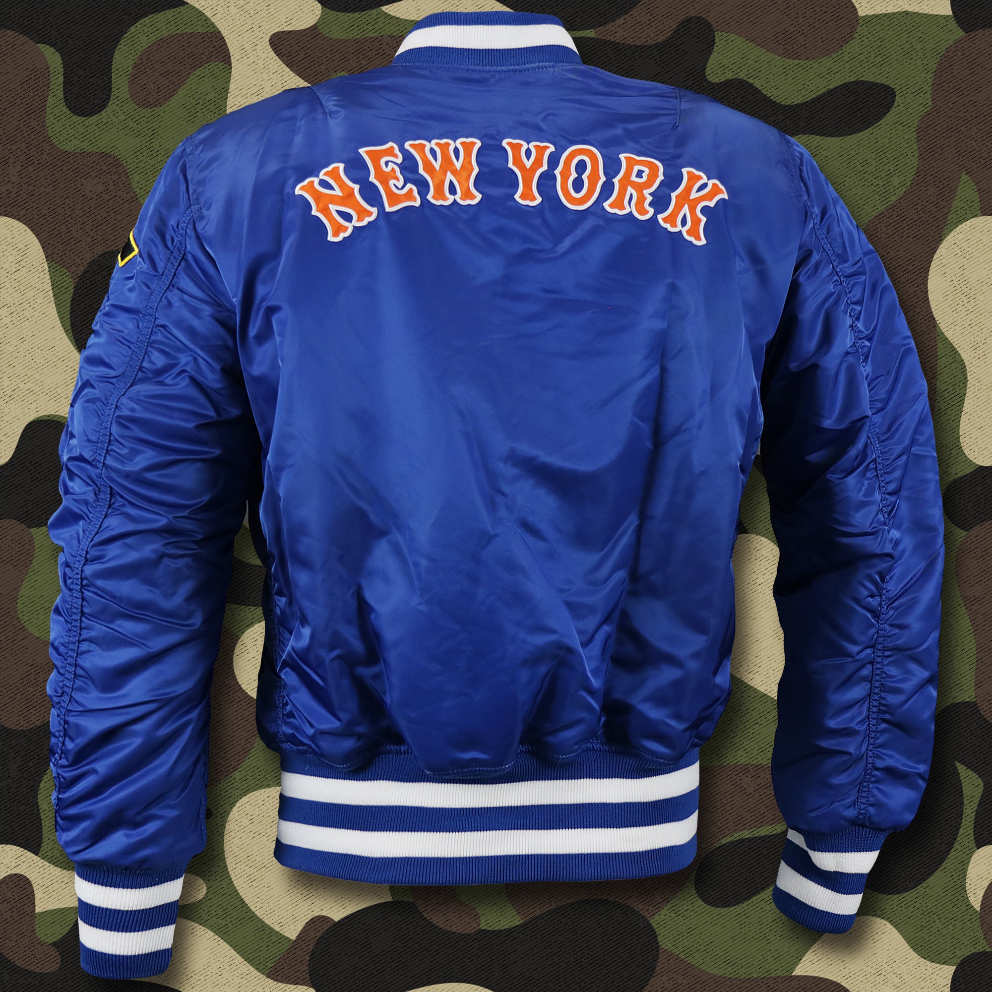 New York Mets MLB Patch Alpha Industries Reversible Bomber Jacket With Camo Liner | Royal Blue Bomber Jacket