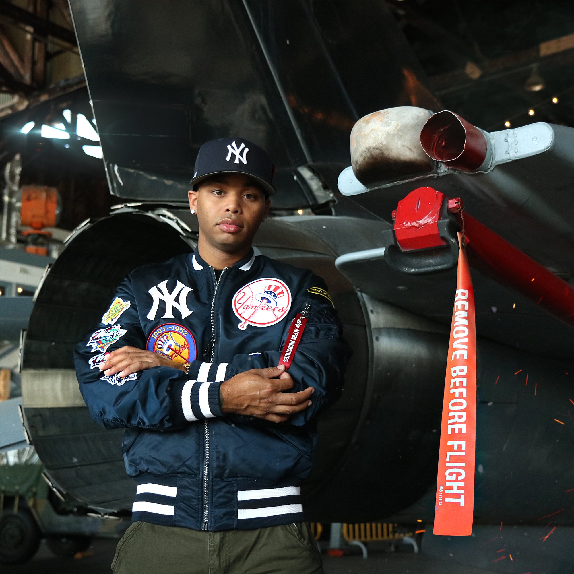 New York Yankees MLB Patch Alpha Industries Reversible Bomber Jacket With Camo Liner | Navy Blue Bomber Jacket