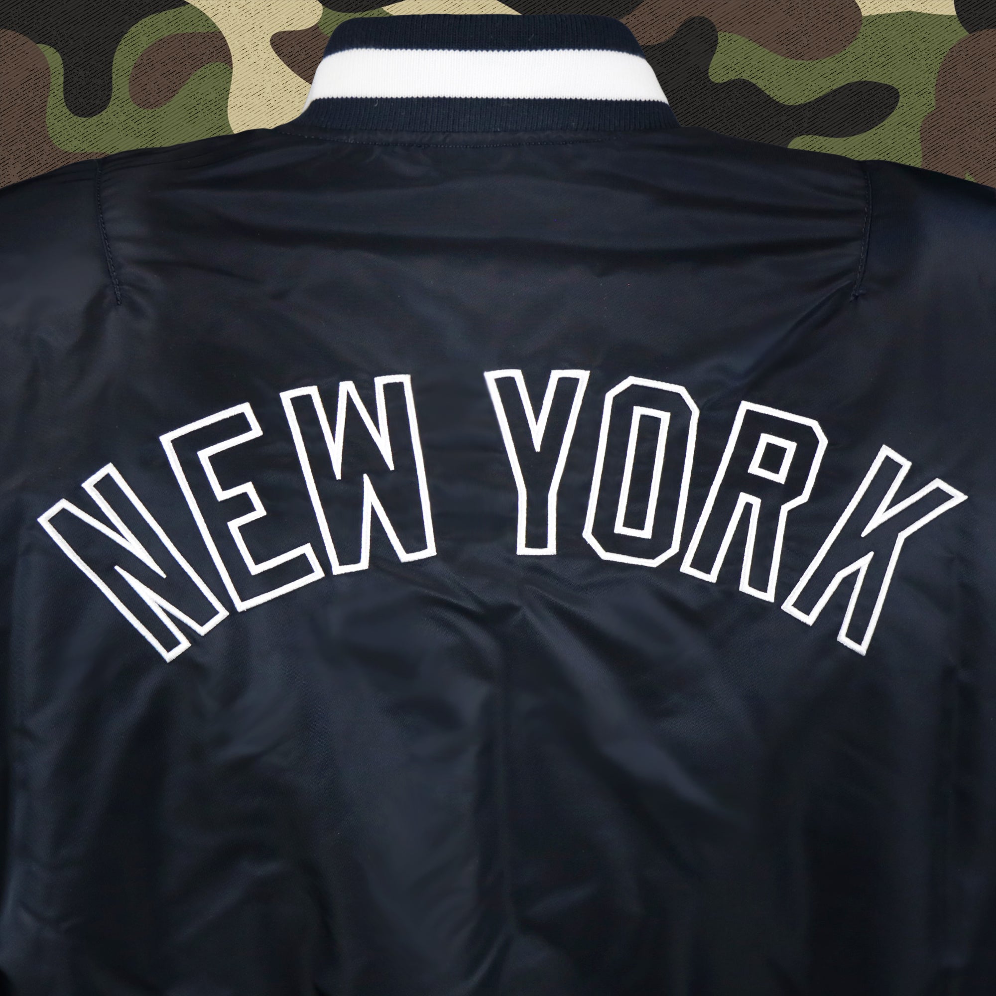 New York Yankees MLB Patch Alpha Industries Reversible Bomber Jacket With Camo Liner | Navy Blue Bomber Jacket