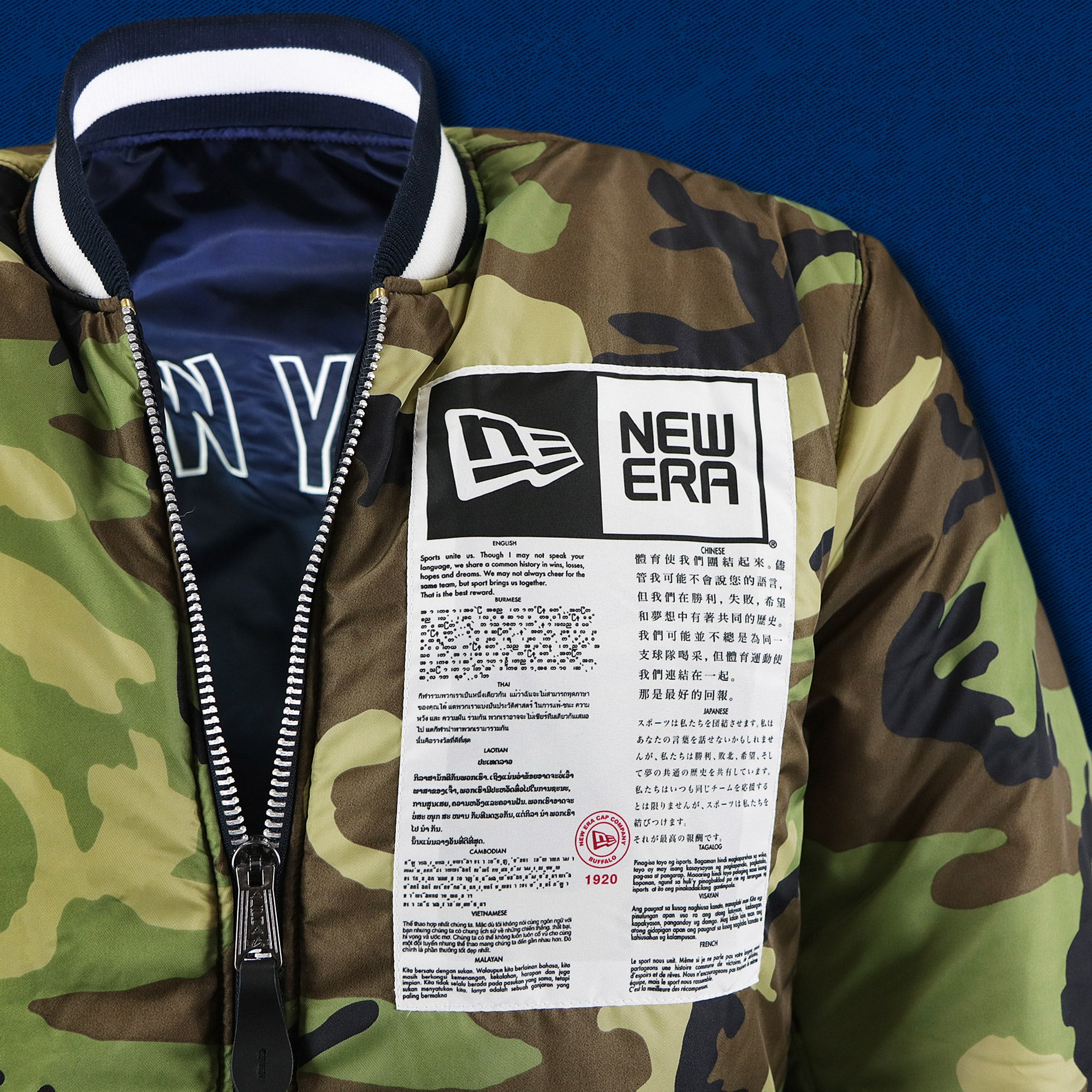 New York Yankees MLB Patch Alpha Industries Reversible Bomber Jacket With Camo Liner | Navy Blue Bomber Jacket