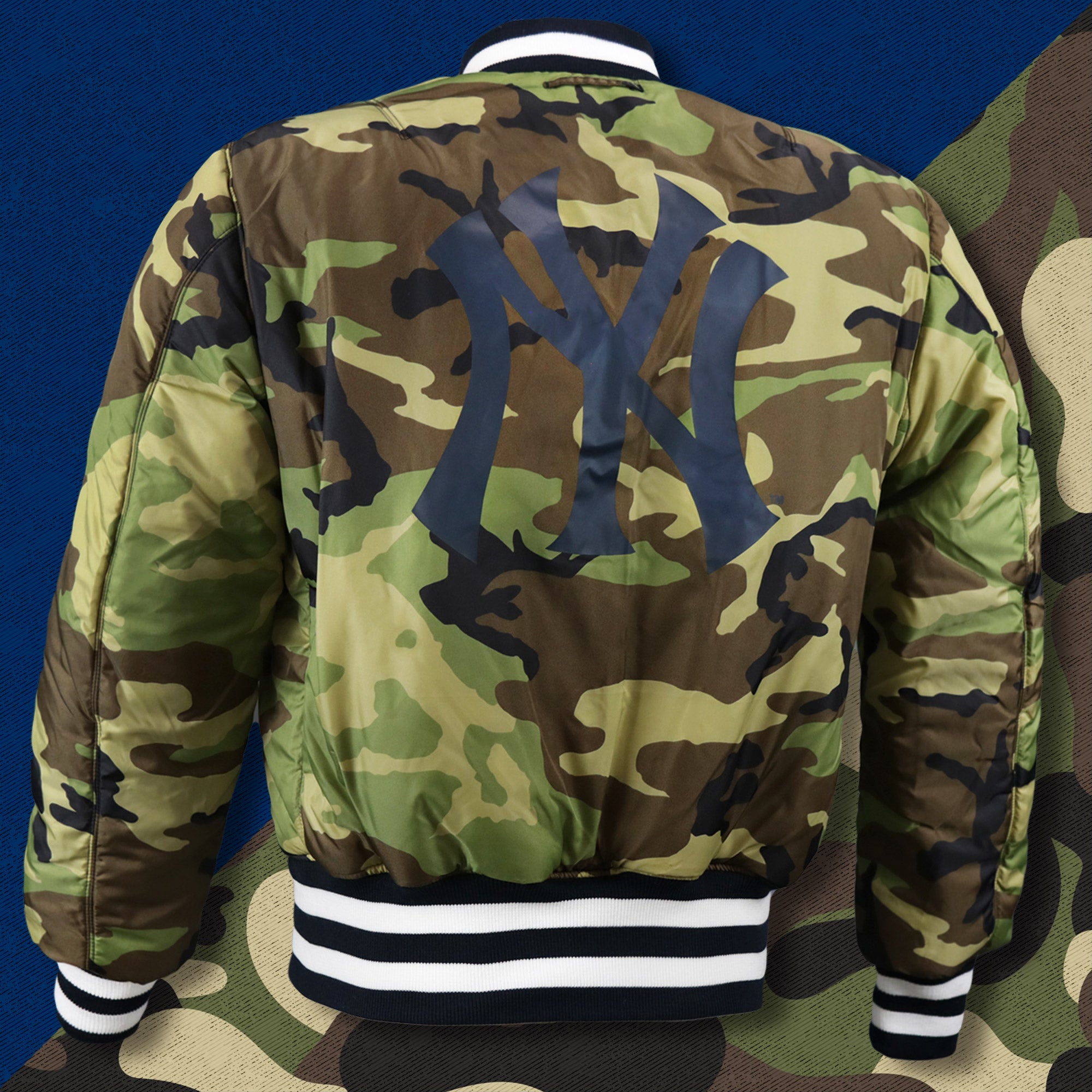 New York Yankees MLB Patch Alpha Industries Reversible Bomber Jacket With Camo Liner | Navy Blue Bomber Jacket