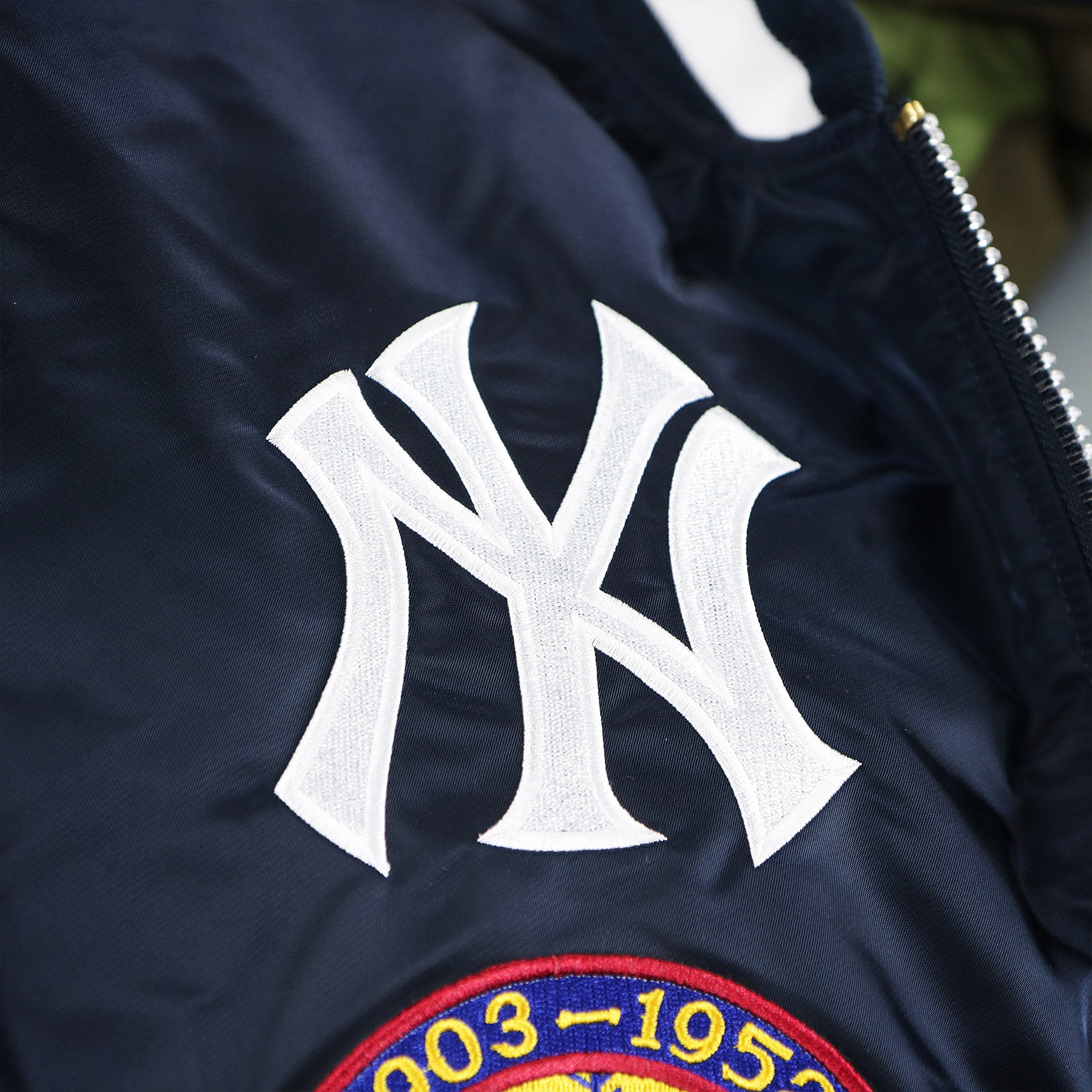 New York Yankees MLB Patch Alpha Industries Reversible Bomber Jacket With Camo Liner | Navy Blue Bomber Jacket